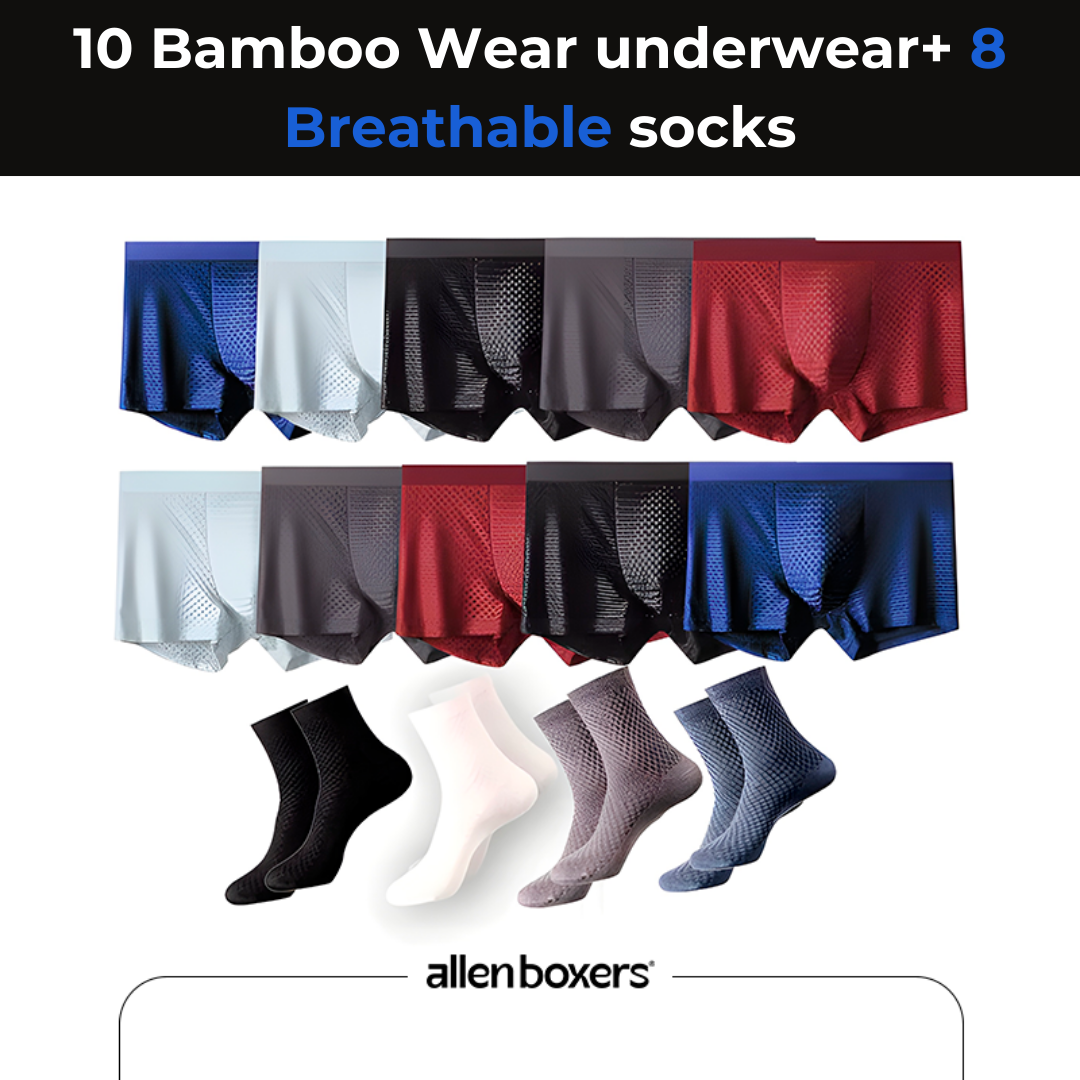 10 Bamboo Wear Underwear + 8 Pairs of Breathable Socks.